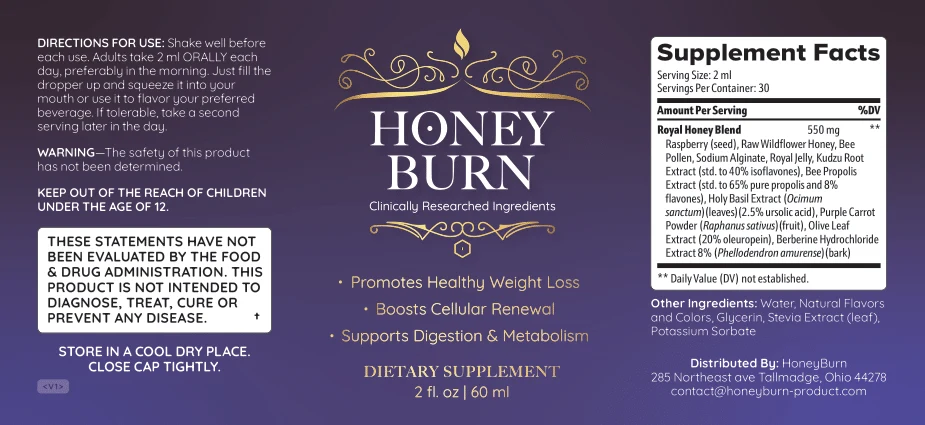 The Honey Burn Supplement Facts label