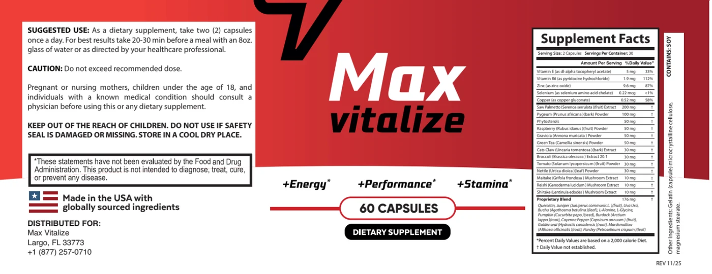 The Max Vitalize Supplement Facts label