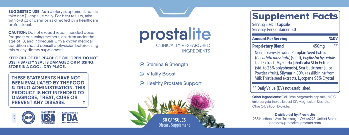 The ProstaLite Supplement Facts label