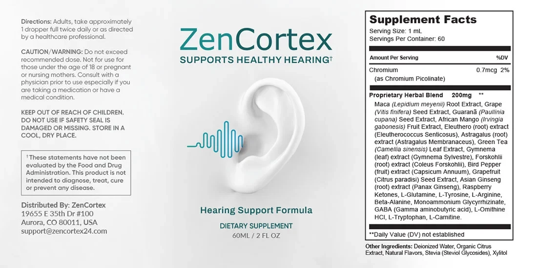 The ZenCortex Supplement Facts label