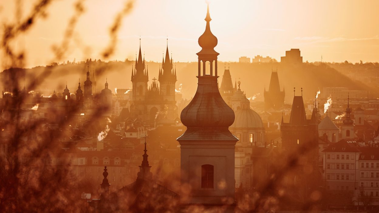 Prague skyline at amazing sunrise